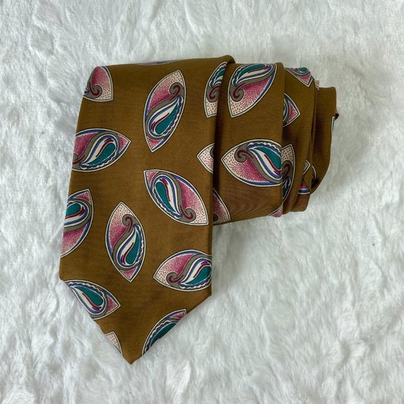 Vintage J. Bernard Tie Necktie 100% Silk Light Brown Eye Paisley Design - Picture 2 of 5